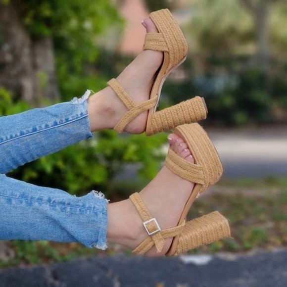 Shoes - Women's  Chunky High Heel Platform Ankle Strap Espadrille Sandals